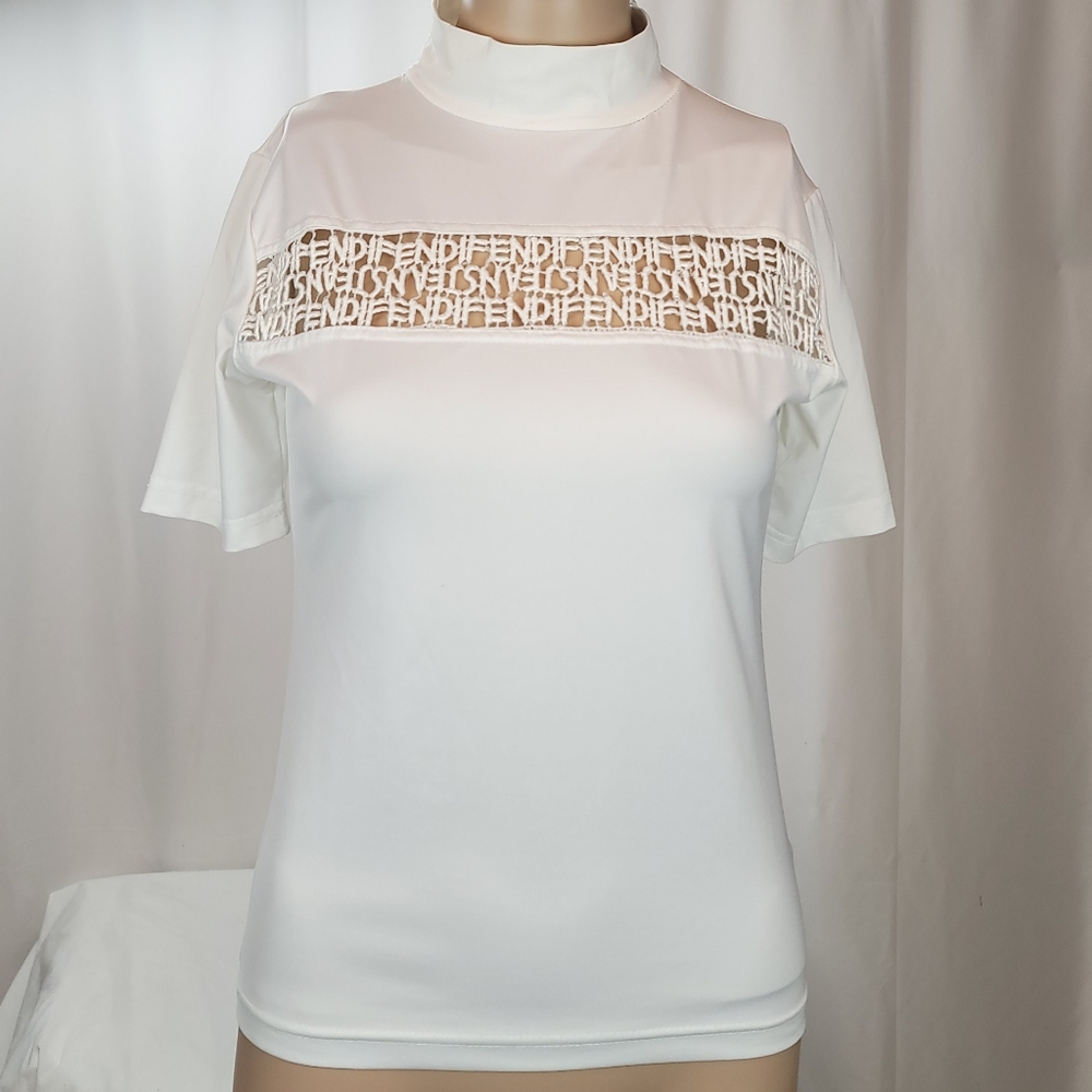 Gianfranco Ferre Logo White Turtle Neck Short Sleeve Stretch Top Size I 38